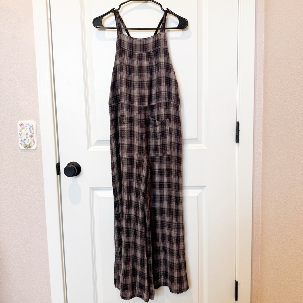 Natural Life Womens Plaid Overall Jumpsuit XS Baggy Wide Leg Granola Indie Boho